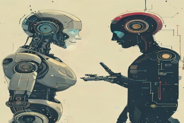 A robot and human interacting, representing consumer AI advancements