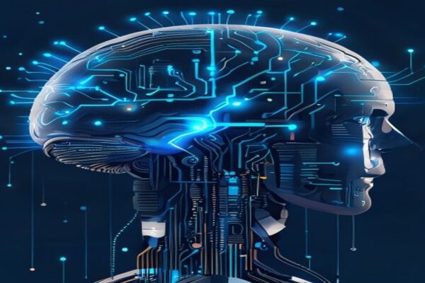 OpenAI's robotic brain with glowing blue circuits