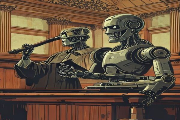 AI lawsuit judge's gavel and robot in a courtroom