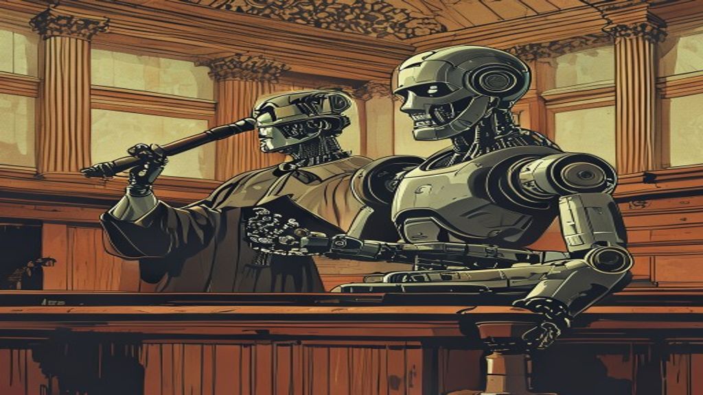 AI lawsuit judge's gavel and robot in a courtroom