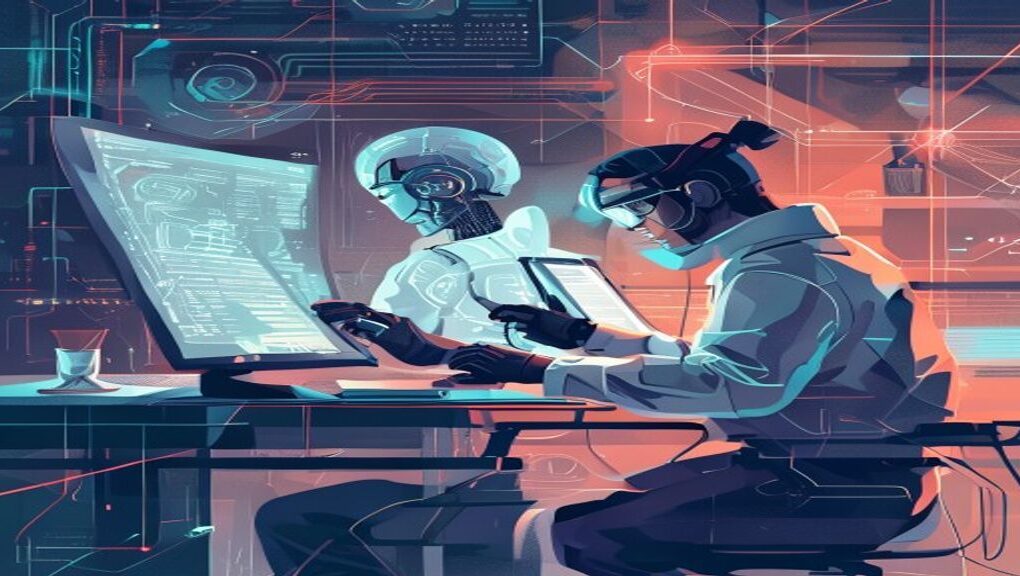 AI researcher working on a project with a futuristic cityscape in the background