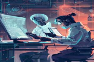 AI researcher working on a project with a futuristic cityscape in the background