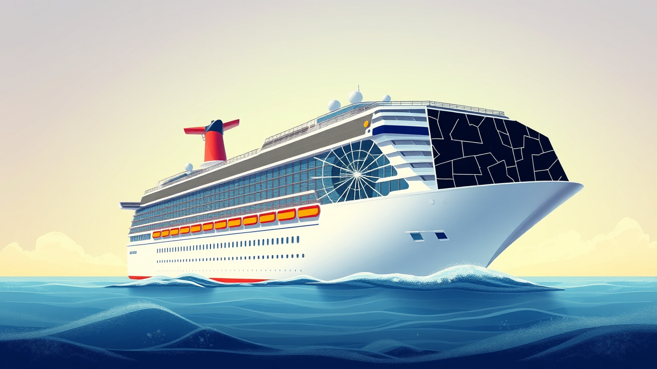 Carnival data breach illustration with a cracked screen on a cruise ship