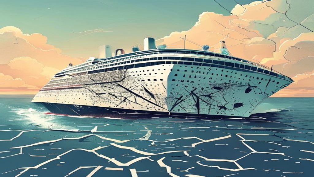 Carnival data breach illustration, a cruise ship with a cracked screen