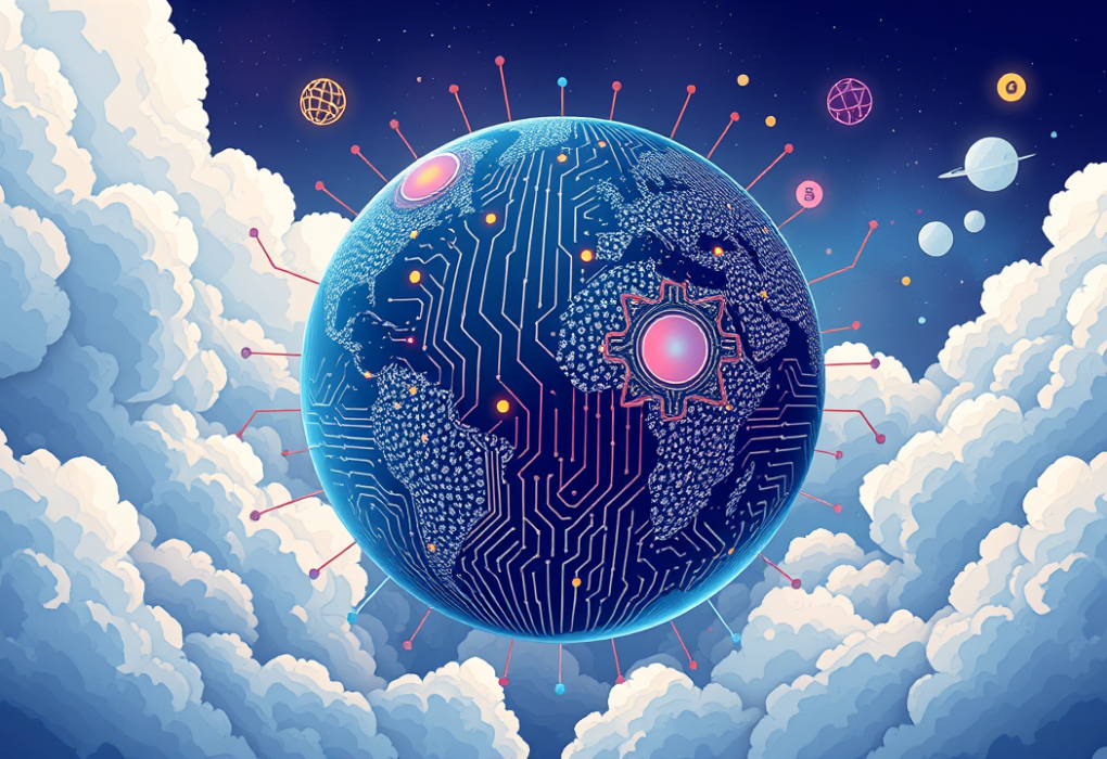 Illustration of tech sovereignty with a globe and circuit board pattern