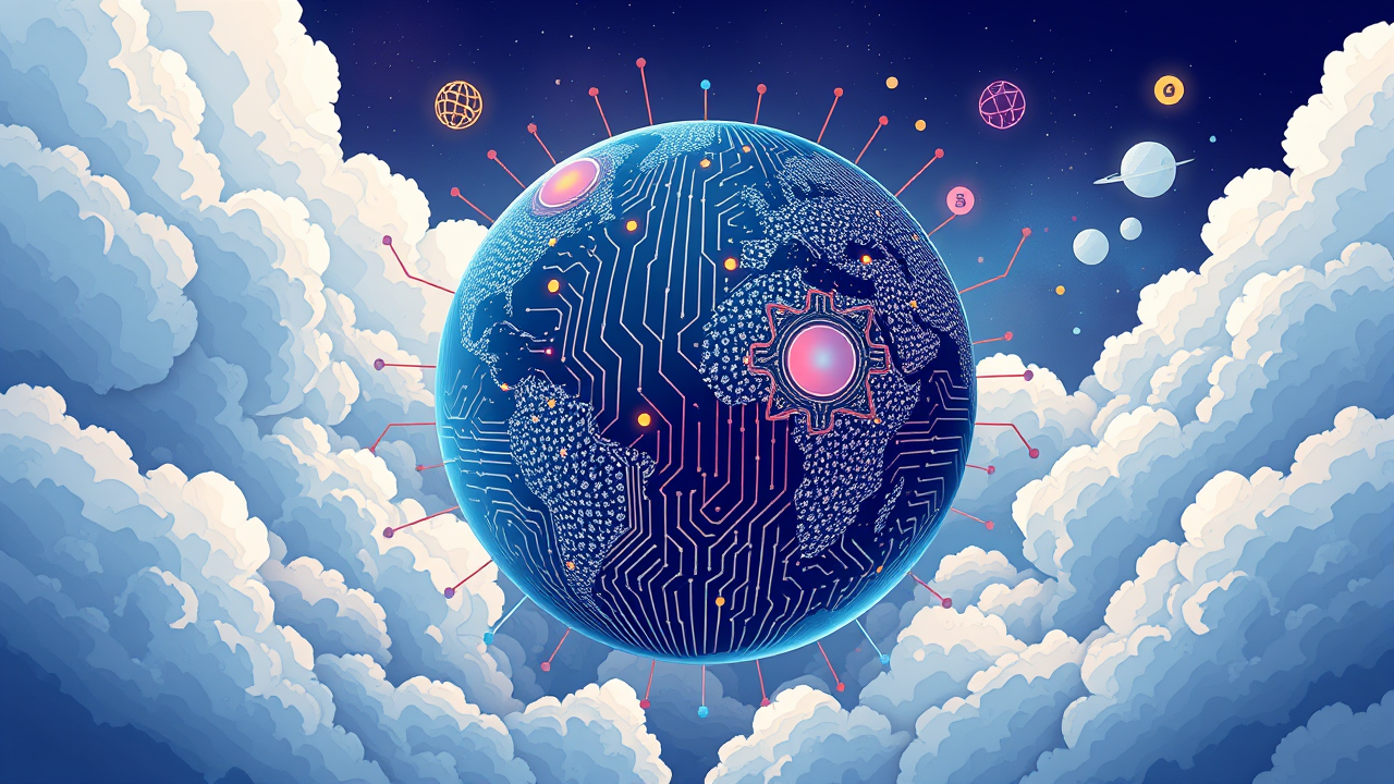 Illustration of tech sovereignty with a globe and circuit board pattern