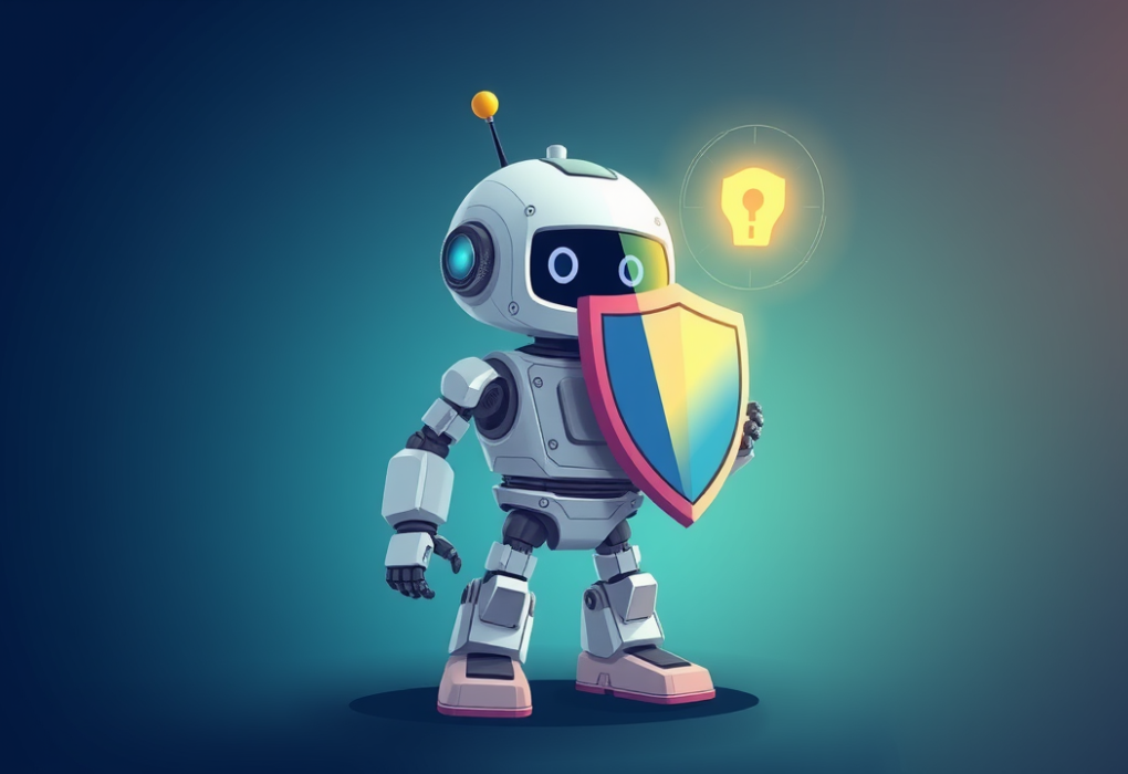 AI chatbot security illustration with a robot and shield