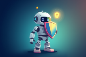 AI chatbot security illustration with a robot and shield