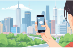 Person holding an iPhone with a cityscape, representing the latest iOS update