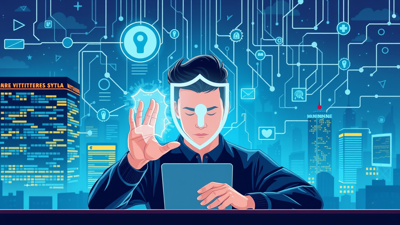 Data Breach protection illustration with a cityscape in the background