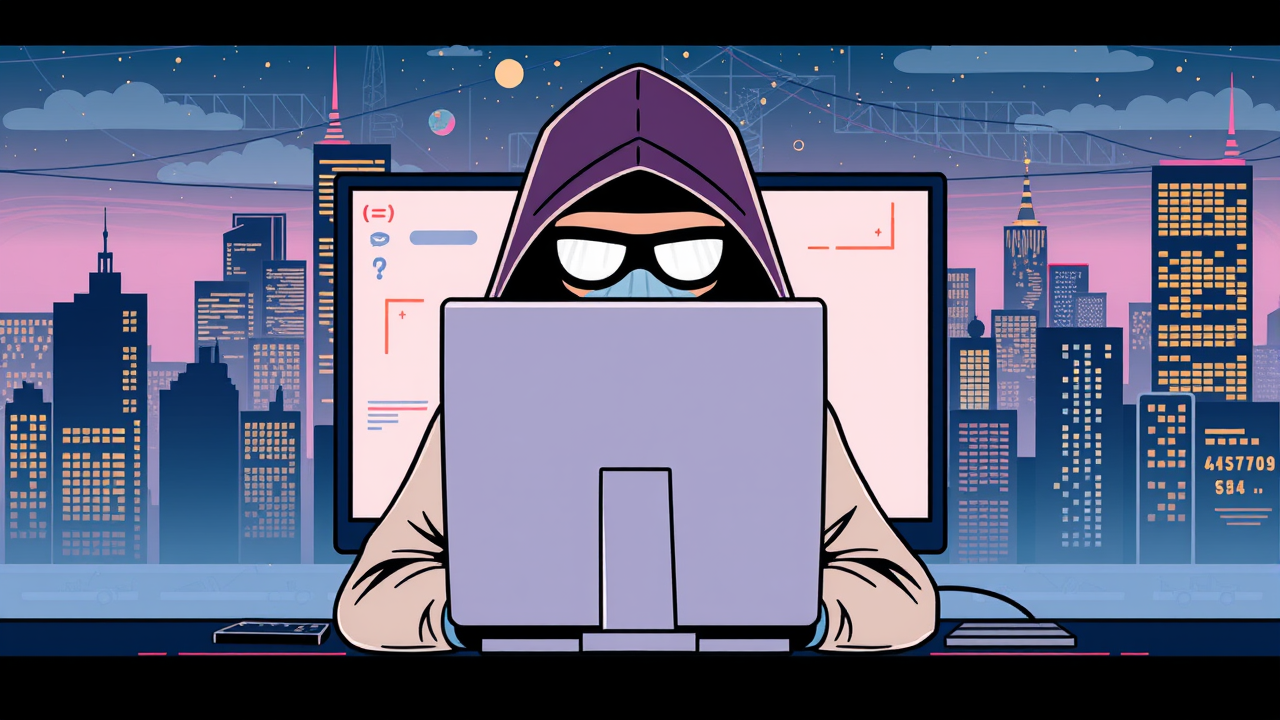 A cybersecurity breach illustration with a hacker in front of a computer, representing Cybersecurity Breaches