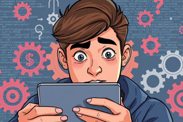 Person looking at an Apple device with a puzzled expression, surrounded by code and gears, representing Apple software updates