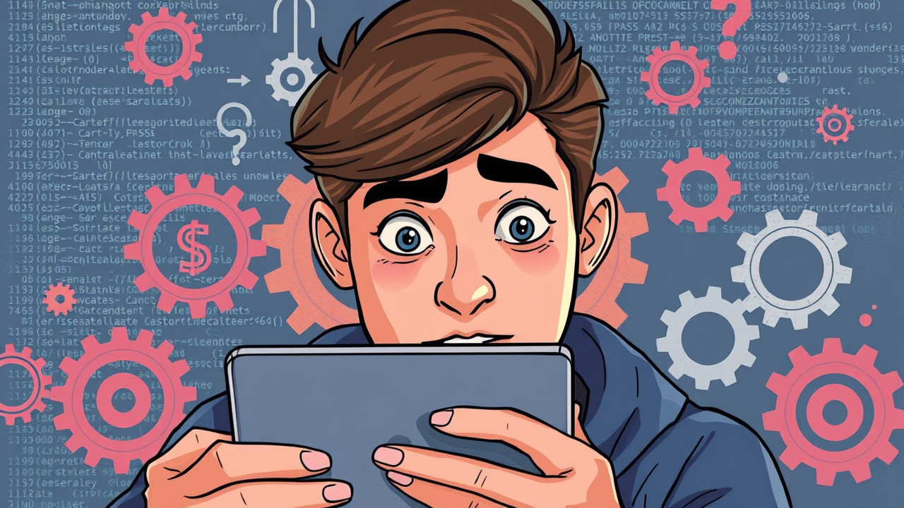 Person looking at an Apple device with a puzzled expression, surrounded by code and gears, representing Apple software updates